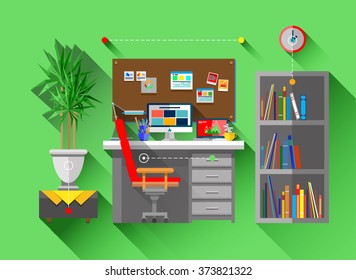 Flat bright design of web banner template with icons of work room interior design and art, home apartment decoration, freelance work place. Modern vector illustration concept for website, infographic