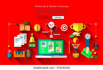 Flat bright design of web banner template of global business strategy, success market planning and corporate mission. Modern vector illustration concept for website or infographics.