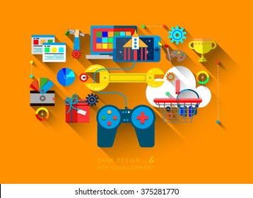 Flat Bright Design Of Web Banner Template Of Mobile OS Game Programming And Testing, Software Application Development. Tasty Vector Illustration Concept For Website Or Infographics.