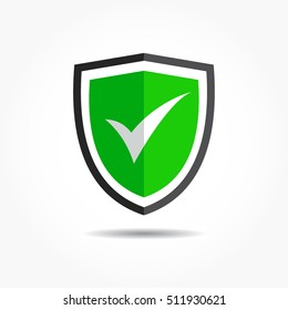 flat bright green shield in a black frame with a white check mark on it and shadow effect