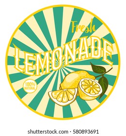 Flat bright healthy lemonade round sticker with ripe natural lemons on light radial background vector illustration