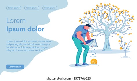 Flat Bright Idea Transplant Technology, Cartoon. Plump Man Sows Seeds from Book on Luminous Bulb Sticking out Ground. Large Tree Grows Nearby, Instead Fruits on Tree Light Bulbs, Slide.
