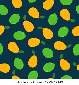 Flat bright limes and yellow plums with leaves on dark background. Seamless fruit food pattern. Suitable for textile, packaging, wallpaper.