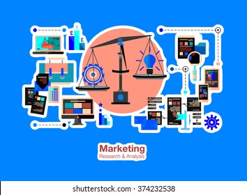Flat bright neon colors web banner template of marketing research strategy, web business analytics, finance data analysis. Modern vector illustration concept for website or infographics