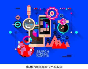 Flat bright neon colors web banner template of search engine optimization service, SEO data analytics and keyword process. Modern vector illustration concept for website or infographics