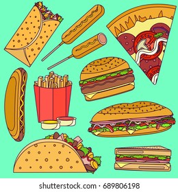 Flat bright pop art vector fast food icons set including burrito, burger, pizza, sandwich, taco, corn dog. Tasty cartoon colorful fastfood symbols for take away cafe, bar, restaurant menu design.