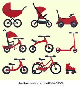 Flat bright red baby transport set for kids since birth till school. Color vector childrens transport - carriage, stroller, bicycle, bike, scooter, ride-on car, rollers