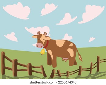 Flat bright segmented vector illustration. A cow with a bell around its neck is grazing in a field with a wooden fence.