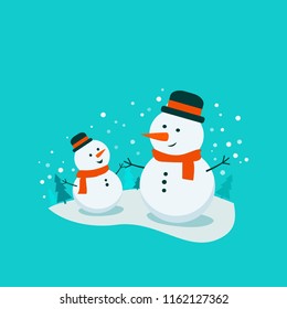 Flat bright vector banner illustration, cartoon big and small snowman, trees, flakes, snow in circle. Snowman family. Christmas and New Year card.