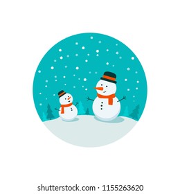 Flat bright vector illustration, cartoon big and small snowman, trees, flakes, snow in circle. Snowman family. Christmas and New Year card.