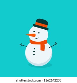 Flat bright vector illustration, cartoon big snowman isolated on turquoise background. Christmas and New Year card. Winter art.