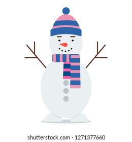Flat bright vector illustration, cartoon big snowman with hat and scarf isolated on white background. Christmas and New Year card. Winter art.