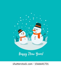 Flat bright vector illustration, cartoon doodle big and small child snowman, trees, flakes, snow in circle. Snowman family. Christmas and New Year card.