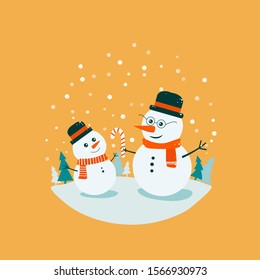Flat bright vector illustration, cartoon doodle big and small child snowman, trees, flakes, snow in circle. Snowman family. Christmas and New Year card.