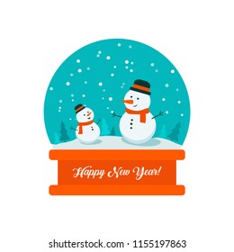 Flat bright vector illustration, snow globe with big and little snowman, trees, flakes, snow inside with inscription Happy New Year.