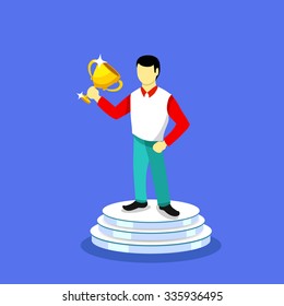 Flat bright vector illustration. Young businessman with gold trophy on pedestal. First place, business concept for your design