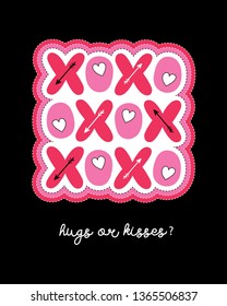 Flat Bright XOXO Valentine's Day Typography Vector Greeting Card. Patch Hearts and Arrows. Love. XOXO. Hugs and Kisses