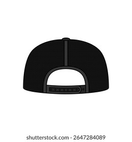 Flat Brim Trucker Hat Vector, Black Cap Back View Illustration.