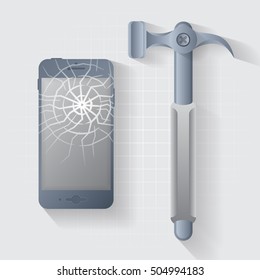 flat broken dark smart phone with hammer