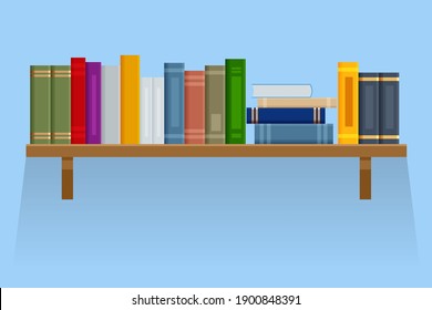 Flat brown bookshelf with old books isolated on background.