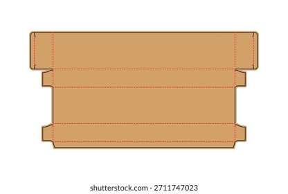 Flat brown cardboard box template with red dashed fold lines and solid cut lines, ready for assembly. Ideal for packaging and product design concepts and DIY.