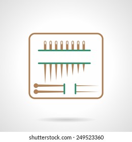 Flat brown and green line vector icon for set of sewing needles in pack on white  background.