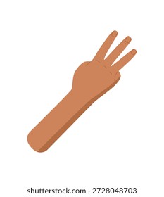 La mano humana marrón plana muestra el número tres con los dedos hacia arriba. El brazo desnudo muestra el gesto numérico de la mano. Estilo gráfico aislado para fines educativos, de conteo o matemáticos.