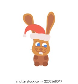 flat brown rabbit in santa hat, isolated vector illustration on white background