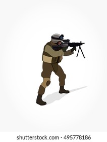 flat brown us soldier army cartoon with helmet holding a riffle with shadow effect