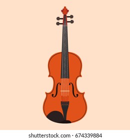 Flat brown violin, classical musical instrument, vector illustration