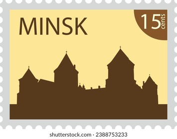 Flat brownish detailed postcard stamp with HOLY SPIRIT CATHEDRAL famous landmark and symbol of the Belarus city of MINSK, BELARUS