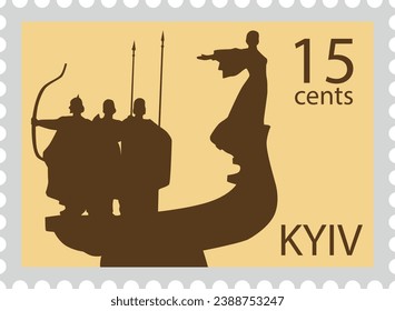 Flat brownish detailed postcard stamp with KYIV FOUNDERS MONUMENT famous landmark and symbol of the Ukrainian city of KYIV, UKRAINE