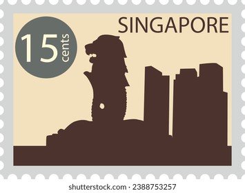 Flat brownish detailed postcard stamp with city skyline and MERLION famous landmark and symbol of the Singaporean city of SINGAPORE