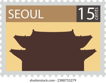 Sello de postal detallado y plano con el emblema de NAMDAEMUN GATE (SUNGNYEMUN) y símbolo de la ciudad coreana de SEÚL, COREA DEL SUR