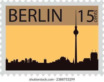 Flat brownish detailed postcard stamp with city skyline and FERNSEHTURM famous landmark and symbol of the German city of BERLIN, GERMANY