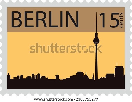 Flat brownish detailed postcard stamp with city skyline and FERNSEHTURM famous landmark and symbol of the German city of BERLIN, GERMANY