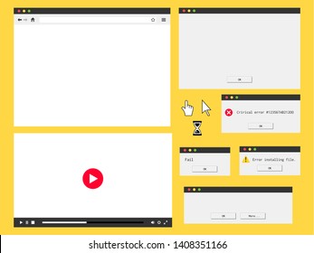 Flat browser window, audio player, error message and dialog box. Computer mouse cursor.