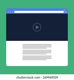 Janela plana do navegador com player de vídeo on-line. Ilustração vetorial