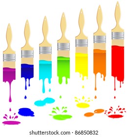 Flat brushes leave a multi-colored vertical trail with splash and drops. Vector illustration.