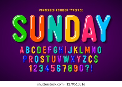 Flat bubble comical font design, colorful alphabet, typeface. Color Swatches control svg