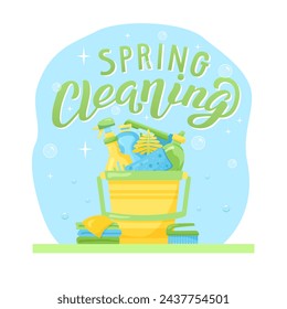 Flat bucket with cleaning tools on blue background. Yellow handy plastic container with spray with detergent and brush. Vector hand drawn illustration with Spring Cleaning lettering for banner or sign