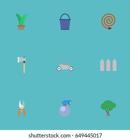 Flat Bucket, Spray Bottle, Fence And Other Vector Elements. Set Of Gardening Flat Symbols Also Includes Hose, Pail, Fruit Objects.