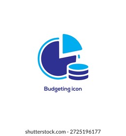 Icono de presupuesto plano con gráfico circular y pila de monedas, símbolo mínimo de planificación financiera para ahorros, gastos y gestión de dinero

