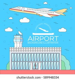 flat building airport with flying plane tour concept background.  Vector illustration for colorful template for you web and mobile applications. Thin lines style design