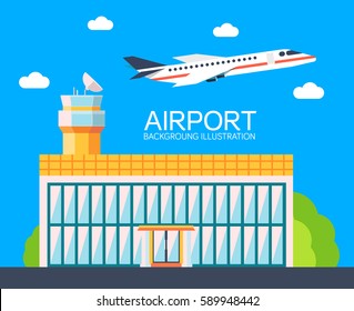 flat building airport with flying plane tour concept background.  Vector illustration for colorful template for you design, web and mobile applications