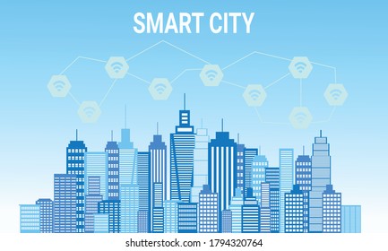 Flat building design, with wifi connection between them. Smart city concept