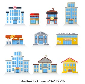 Flat building fronts of hospital, police, store, market, school, university, hotel and bank