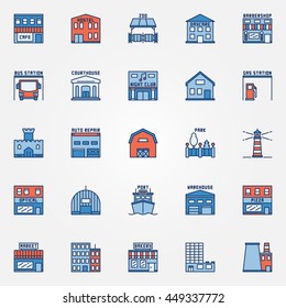 Flat building icons set - vector colorful symbols or logo elements. City buildings signs