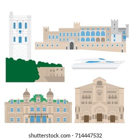 Flat building of Monaco country, travel icon landmarks in Monte Carlo. City architecture. World travel vacation sightseeing European collection vector