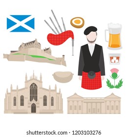 Edificio plano en Escocia, Reino Unido. Visita y monumento. Catedral de St Giles y Castillo de Edimburgo. Comida tradicional escocesa, gastrónomo de hombre en horno, bandera y cartón ilustrativo vectorial